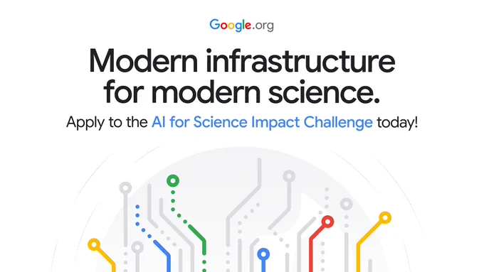 Google.org graphic with the text "Modern infrastructure for modern science. Apply to the AI for Science Impact Challenge today!"