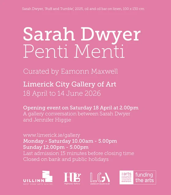 Poster for invitation to Opening event at 2pm on Saturday 18 April for Penti Menti a gallery conversation between Sarah Dwyer and Jennifer Higgie 