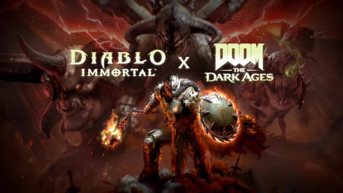 Image showing the Diablo Immortal x DOOM: The Dark Ages logos between a lineup featuring a Cyberdemon, Mecha Dragon Serrat, the Doom Slayer, and two Cacodemons.