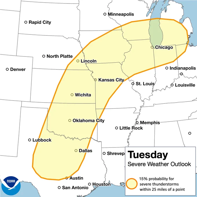 Map titled “Tuesday Severe Weather Outlook” showing a 15% probability area shifting eastward from Texas and Oklahoma through Kansas, Missouri, Illinois, and into parts of the Upper Midwest, including Kansas City, St. Louis, and Chicago.