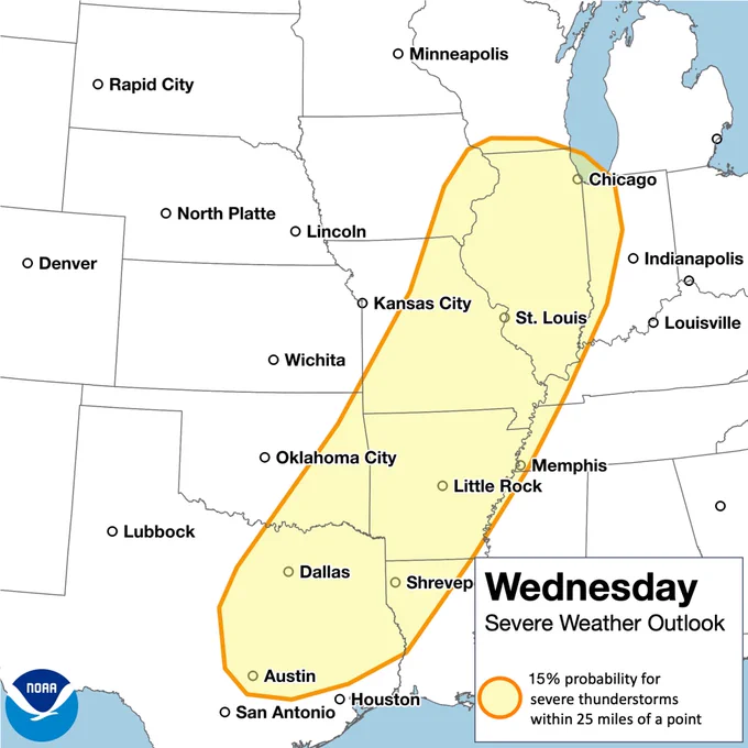 Map titled “Wednesday Severe Weather Outlook” showing a 15% probability area focused farther east from Texas and Oklahoma into Arkansas, Missouri, Illinois, and surrounding areas, including Dallas, Little Rock, St. Louis, Memphis, and Chicago.