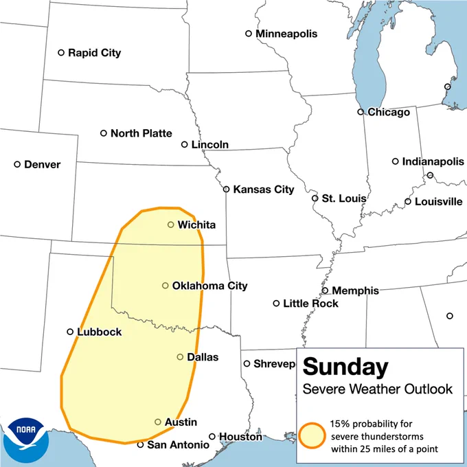 Map titled “Sunday Severe Weather Outlook” showing a 15% probability area for severe thunderstorms. The highlighted area (yellow with orange outline) extends from west Texas near Lubbock through central Texas (including Dallas and Austin) into Oklahoma (including Oklahoma City) and southern Kansas near Wichita.