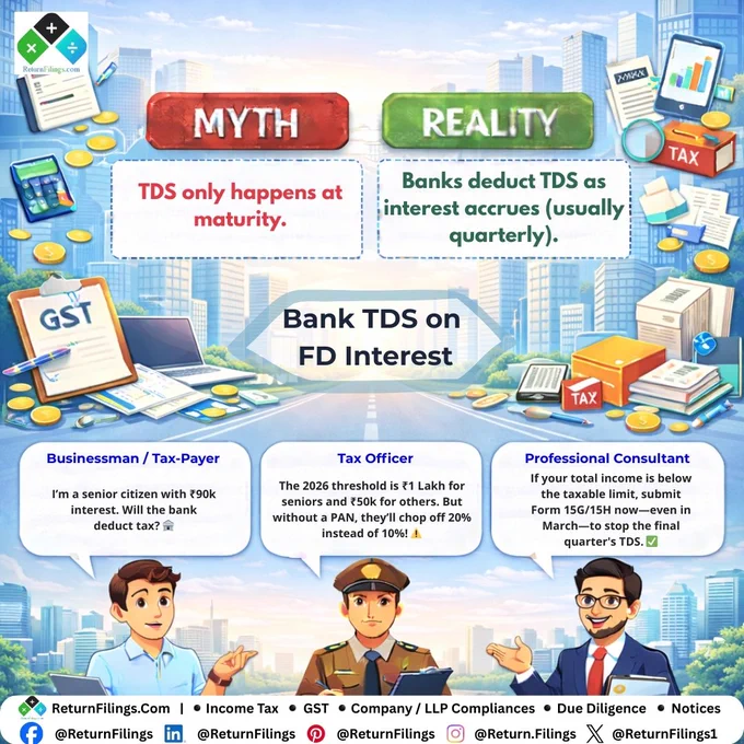 Image provided by ReturnFilings.Com it contains Is your bank "clipping" your FD interest every quarter? 🏦✂️✨

The Myth: "I'll handle the tax when my FD matures in 3 years."
The Reality: Banks deduct TDS quarterly as interest adds up. If you're not careful, your final payout will be much smaller! 📉💸

The 2026 Update:
1️⃣ Higher Limits: No TDS up to ₹1 Lakh for Seniors and ₹50k for others. 📈
2️⃣ PAN is King: No PAN? The bank takes 20% instead of 10%. Don't lose your money to a missing document! ⚠️
3️⃣ Form 15G/15H: If you don't owe any tax this year, submit these forms NOW to keep your interest whole. 🛡️✅

Stay smart with your savings! 💰🛡️

#ReturnFiling #Returnfilings #TaxSeason #Banking #FixedDeposit #MoneyMatters #SeniorCitizen #TaxTips