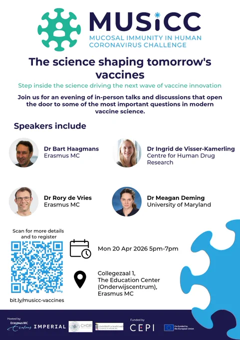 Poster advertising an in‑person public engagement event titled “The science shaping tomorrow’s vaccines”, featuring talks and discussions with MUSICC consortium researchers at Erasmus MC in Rotterdam on 20 April 2026, with registration details and speaker names listed.