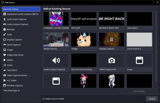 A screenshot of the new OBS Studio add source dialog. The dialog shows a list of source types in the left sidebar, and thumbnails for all existing sources of the selected type in the right pane.