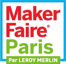 Visuel avec le logo Maker Faire Paris, en rouge et vert sur fond blanc, avec un encadrer vert avec une écriture blanche notifiant “Par LEROY MERLIN” 