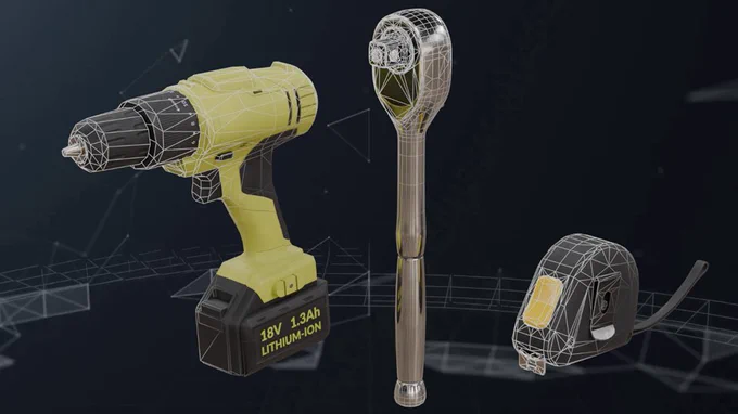 Alt: A digital illustration of three hand tools—a yellow-and-black cordless drill labeled “18V 1.3Ah Lithium-Ion,” a metal ratchet wrench, and a compact tape measure—shown with transparent wireframe overlays against a dark, futuristic background, representing 3D modeling. (Alt generated by Microsoft Copliot and reviewed for accuracy)