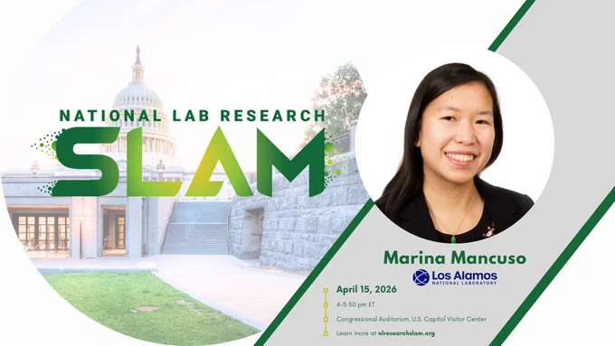 Promotional graphic for National Lab Research Slam featuring Marina Mancuso with event details and U.S. Capitol backdrop.