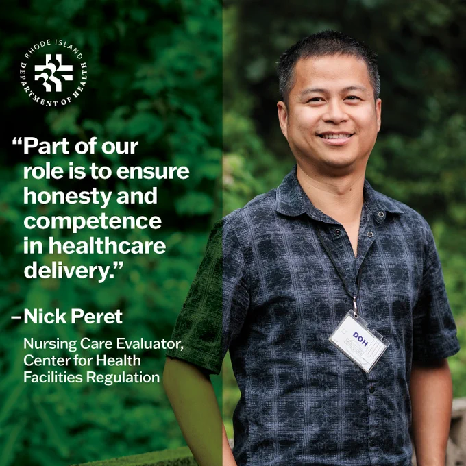 A man smiles while standing outside. Text reads: "Part of our role is to ensure honesty and competence in healthcare delivery. Nick Peret, Nursing Care Evaluator, Center for Health Facilities Regulation.