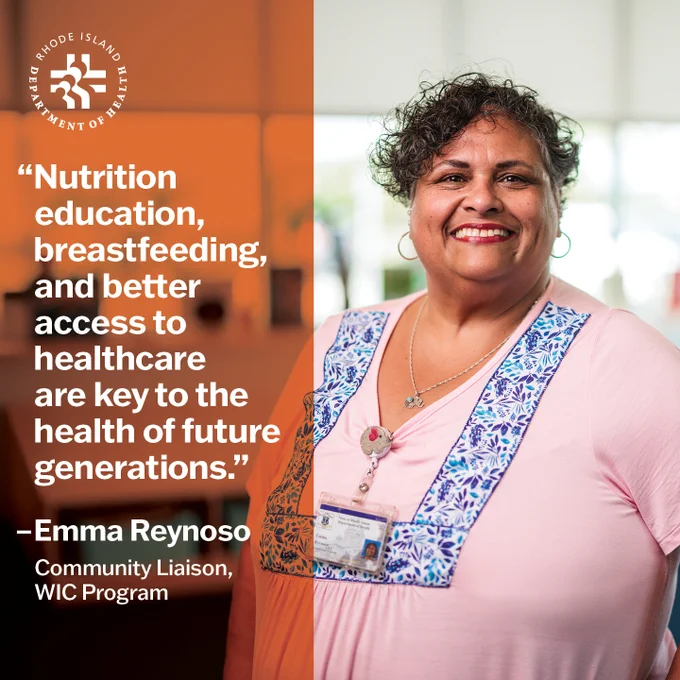 A woman smiles and text reads: "Nutrition education, breastfeeding, and better access to healthcare are key to the health of future generations." Emma Reynoso, Community Liaison, WIC Program.