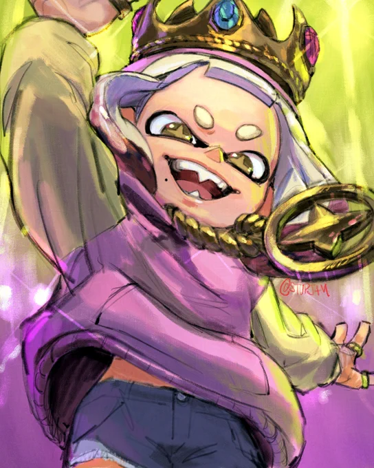 roxie pokemon happy laugh anime. well, really: a sploon Pearl stretches to give a high 5 or maybe jumping and laughing. and there's bright stage lighting behind like she's on a stage. big ol hoodie.