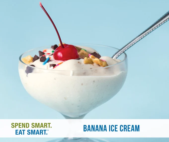 banana ice cream with toppings in a glass dish