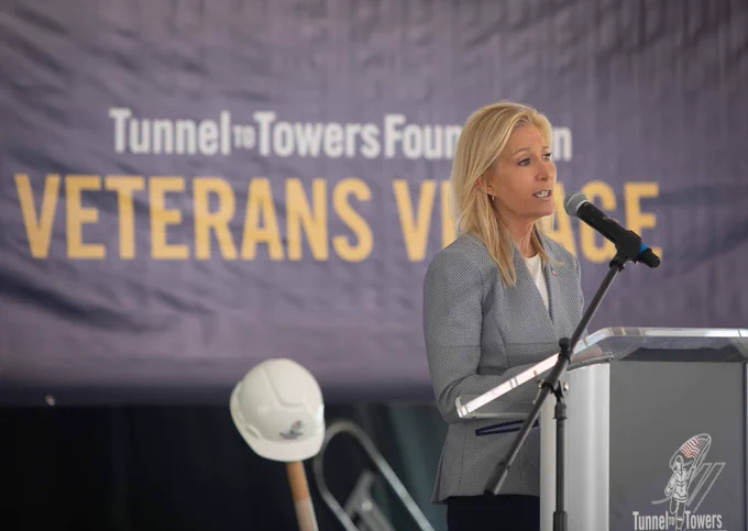 mayor deegan speaking at the tunnel to towers veterans village groundbreaking