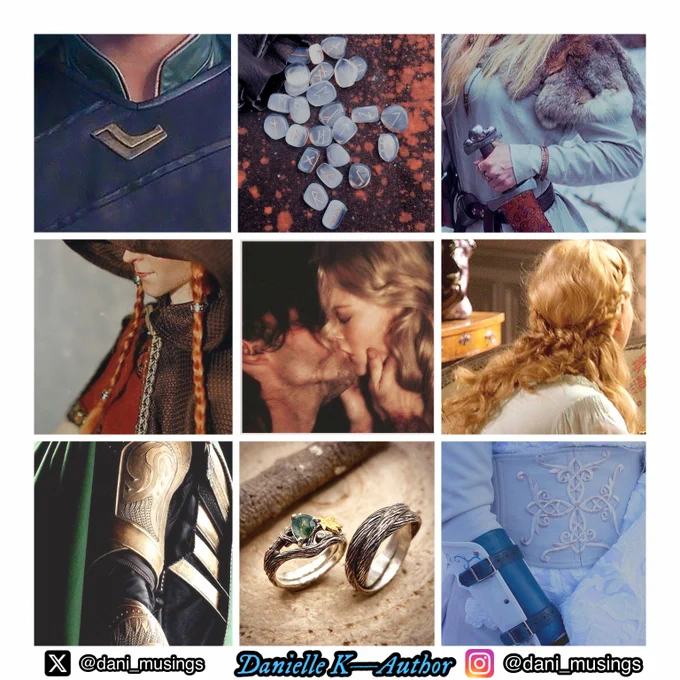 All Photos are from Pinterest:
Left column, top to bottom:
1. Marvel Loki’s outfit, black leather, with agold, green collar & gold accent in the center
2. Cosplay of Traditional Myth Loki from Atsuimaru, a hidden face with a red and brown/copper cloak 2 long orange braids
3. Another close-up of Marvel Loki’s outfit with green cape, black leather, & gold armor on the shoulder/arm bracers
The Middle column, top to bottom:
1. A leather brown bag, spilling round, milky-white runestones, each stone is etched with a gold rune character against amber/orange background
2. Couple kissing, woman has blonde wavy hair
3. 2 silver rings, one with a green gemstone, bands resemble tree branches from Etsy
2 Right Column,  top to bottom:
1. Close-up of a light, pale blue Viking woman’s outfit with fur, light blonde hair, hilt of a sword w/ brown scabbard
2.  Lily James as Cinderella, focusing on the back of her wheat-gold hair in light blue dress
3. Light blue fantasy outfit w/ designs