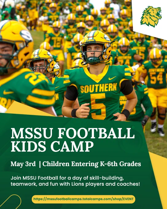 Future Lions start here 🦁🏈

Join the MSSU Kids Camp for a fun, high-energy day of football fundamentals, skill development, and games — all led by MSSU coaches and players. Learn the basics, build confidence, and have a blast on the field!

May 3 for Children entering kindergarten through sixth grade. 