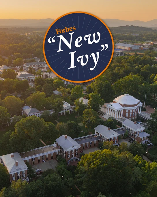 An aerial view of the University of Virginia with a sticker in the foreground reading, "Forbes - New Ivy."