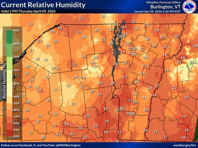A map that is brown like it is dry. Relative humidity across the area ranges between 13 and 38 percent, driest in Vermont.