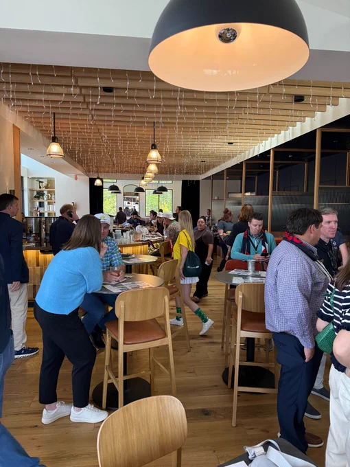 People sitting and standing at indoor building.