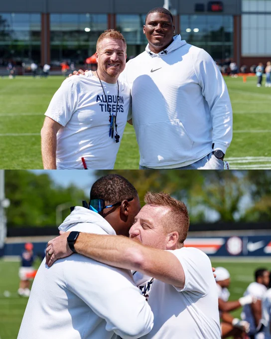 Photos of Auburn Man, Derrick Brown, with Head Coach Alex Golesh at Auburn Football Spring Practice