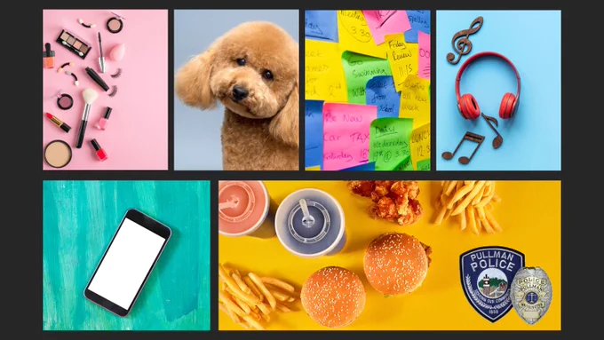 Colorful collage of makeup, a puppy, post-it note reminders, headphones, a cell phone, and a fast food meal. 