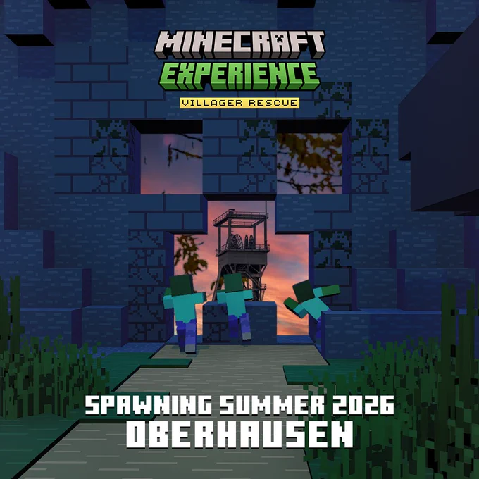 Minecraft zombies look at mining tool. Text reads: Minecraft Experience: Villager Rescue; Spawning Summer 2026 Oberhausen