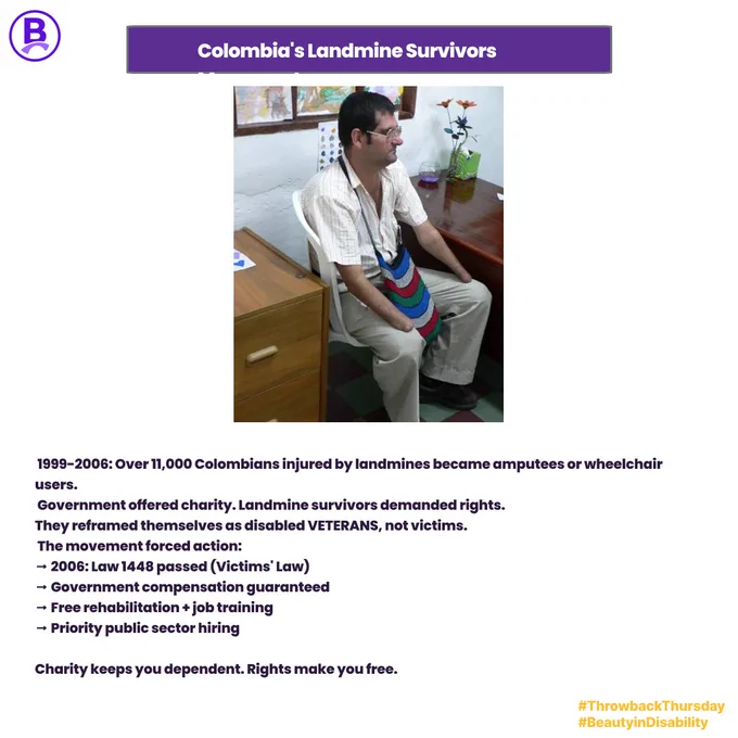 Photo of Colombian landmine survivor. Text about 1999-2006 movement, Law 1448, veterans' rights. BeautyinDisability branding.