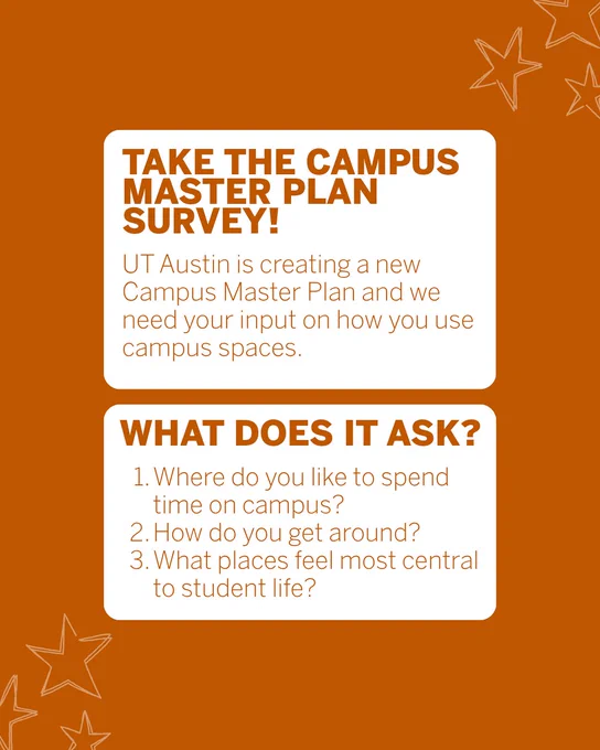 Take the campus master lan survey. UT Austin in creating a new Campus Master Plan and we need your input on how to use campus  spaces. It asks about how you spend time on campus, how you get around and more!