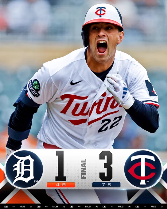 Final Score Graphic 4/9/26
Detroit Tigers 1 (4-9) - Minnesota Twins 3 (7-6)
Pictured: Brooks Lee yells in celebration, wearing a white Twins uniform with blue arm sleeves, white batting gloves, and a white and red batting helmet.