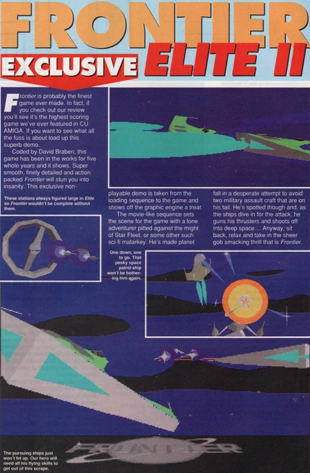 CU Amiga magazine (November 1993) describing the rolling demo of Frontier Elite 2 on that month's cover disc.