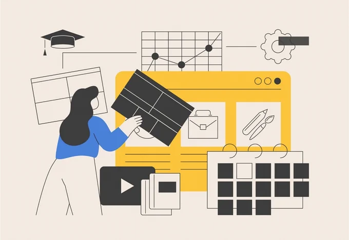 A person interacts with various digital elements, including charts, a calendar, and a play button icon. A graduation cap and a gear symbol are also present, suggesting themes of education and technology.