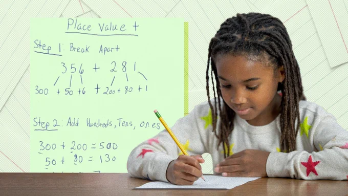 Student writing at desk with math worksheet in background