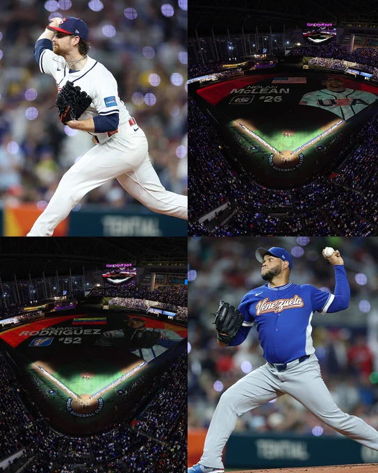 Four photo collage:
(Top left) Nolan McLean delivers a pitch during the 2026 World Baseball Classic while wearing a white Team USA uniform and blue and red Team USA cap. (Top right) Nolan McLean’s name, number, and photo are projected onto the loanDepot park field before the start of the 2026 World Baseball Classic Final. (Bottom left) Eduardo Rodriguez’s name, number, and photo are projected onto the loanDepot park field before the start of the 2026 World Baseball Classic Final. (Bottom right) Eduardo Rodriguez delivers a pitch during the 2026 World Baseball Classic while wearing a blue Team Venezuela uniform and blue Team Venezuela cap.