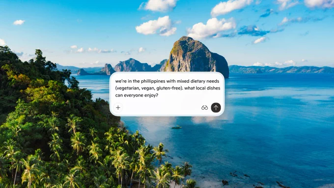 Tropical Philippine coastline with limestone cliffs and turquoise water, overlaid with a Copilot prompt about vegetarian-friendly local dishes.