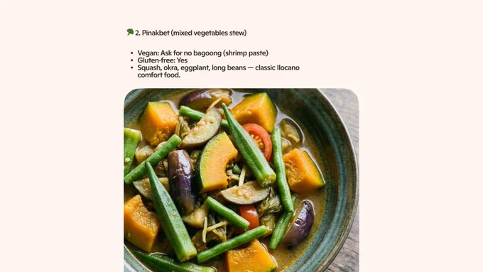 Bowl of pinakbet with mixed vegetables including squash, eggplant, and long beans, accompanied by text explaining the dish.