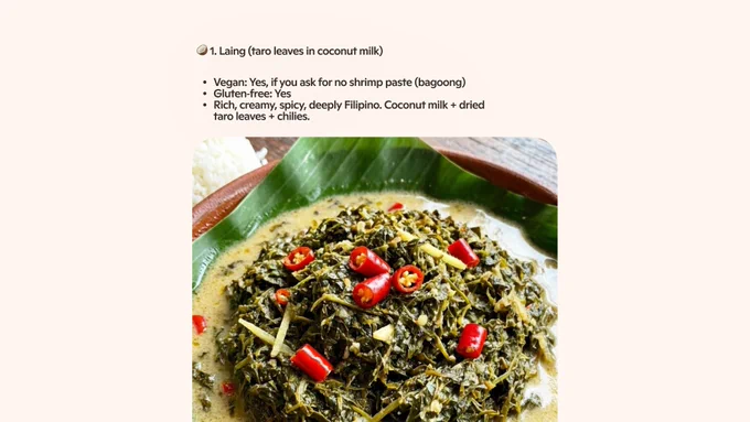 Plate of laing—taro leaves in coconut milk—garnished with red chilies, shown with text describing ingredients and flavor profile.