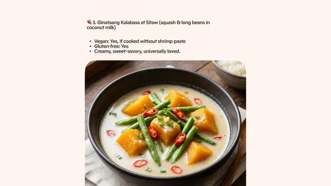 Creamy ginataang kalabasa with squash and green beans in coconut milk, with descriptive text about flavor and ingredients.