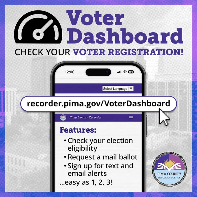 Voter Dashboard: Check your voter registration! recorder.pima.gov/VoterDashboard. Features: Check your election eligibility, request a mail ballot, and sign up for text and email alerts... easy as 1, 2, 3!