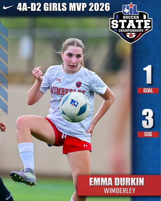 Graphic for 4A-D2 Girls MVP Emma Durkin (Wimberley) including 1 goal and 3 shots on goal.