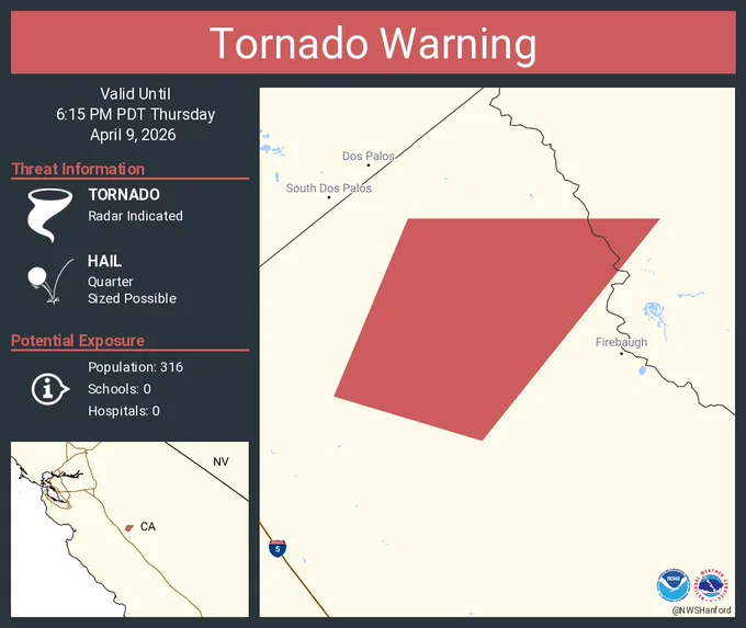 This graphic displays a tornado warning plotted on a map. The warning is in effect until 6:15 PM PDT. The warning includes Fresno County, CA, Madera County, CA.  This warning is for Southwestern Madera County in central California and Western Fresno County in central California. The threats associated with this warning are a radar indicated tornado and quarter sized hail. There are 316 people in the warning along with 0 schools and 0 hospitals.