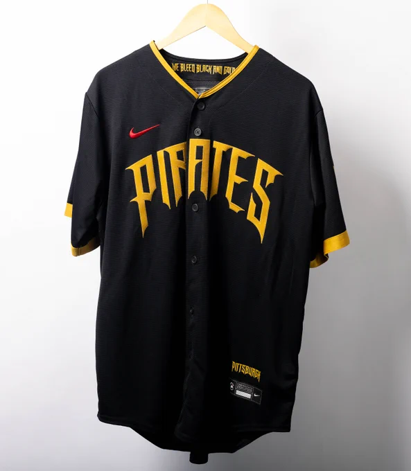 A black Pittsburgh Pirates City Connect jersey with yellow lettering.