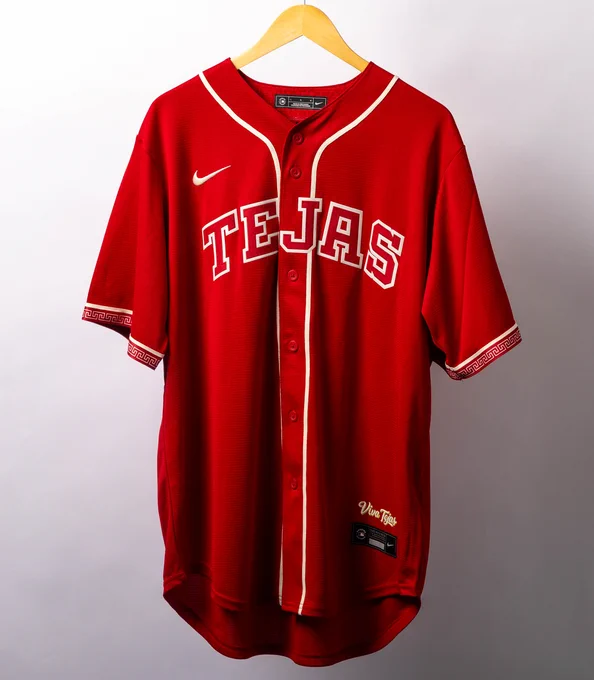A red Texas Rangers City Connect jersey with white and red lettering. 
