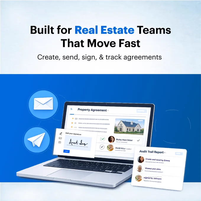 This image shows real estate team working in a fast-paced environment using digital tools to create, send, sign, and track property agreements efficiently.