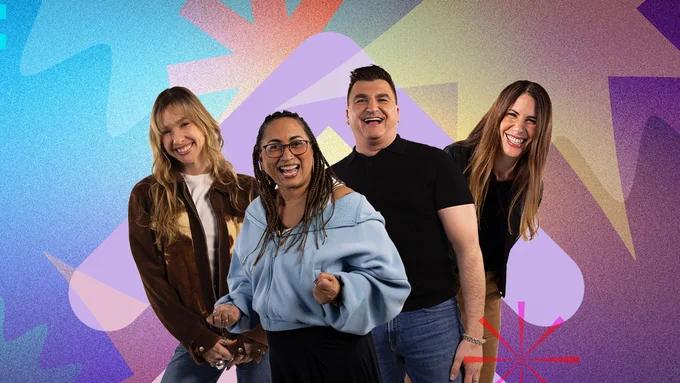 Group of 4 people smiling and laughing with illustration in the background