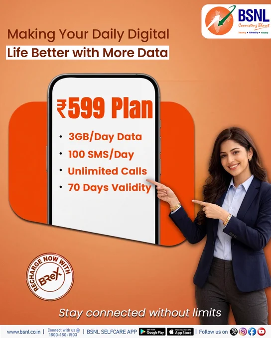 BSNL STV 599, BSNL recharge plan, 70 days validity plan, unlimited calling plan India, daily data plan