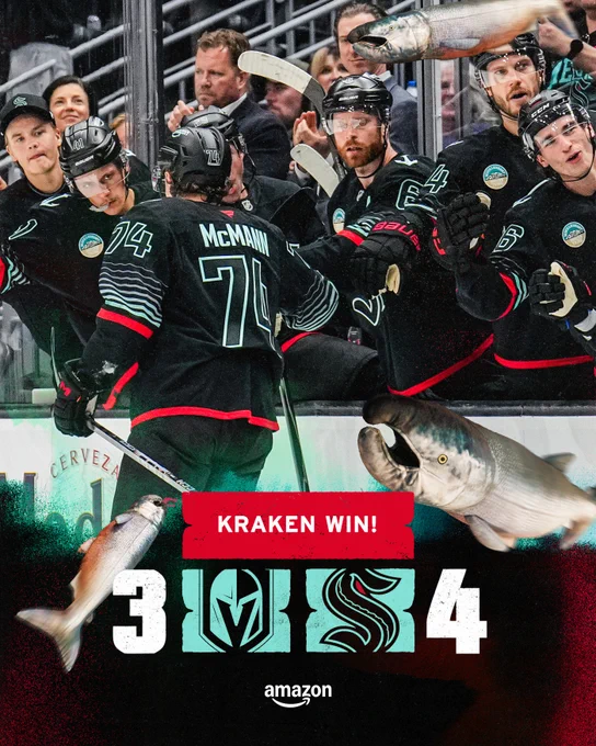"KRAKEN WIN" graphic displaying Kraken's 4-3 win over Vegas featuring photo of McMann celebrating his goal.