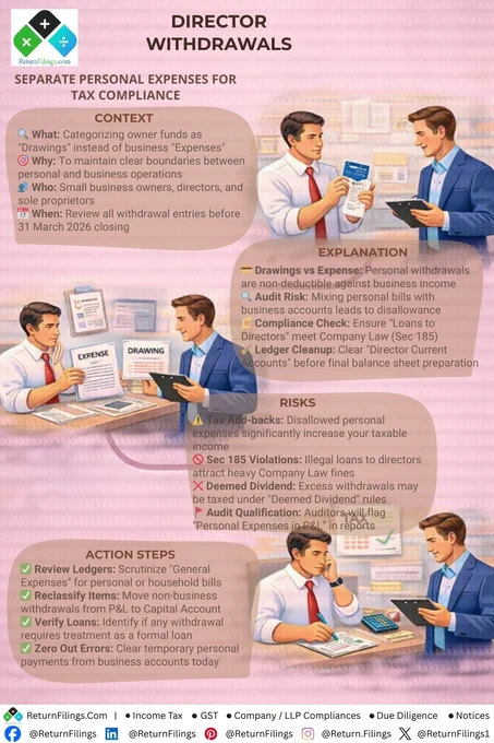 Image provided by ReturnFilings.Com it contains Is your business paying for your personal lifestyle? 💳🤔 Before March 31, 2026, it’s time to draw a clear line between "Drawings" and "Business Expenses." Mixing household bills with company accounts is a major audit trigger that leads to immediate tax disallowances.

Under the Income Tax Act 2025, unexplained director withdrawals can be taxed as "Deemed Dividends," significantly increasing your personal tax liability. 📈🛡️ Don't let a "General Expense" entry turn into a heavy penalty!

✅ Your Ledger Cleanup Plan:
1️⃣ Review Ledgers: Scrutinize "Miscellaneous Expenses" for personal bills.
2️⃣ Reclassify: Move non-business withdrawals to your Capital or Drawings account.
3️⃣ Check Section 185: Ensure any funds taken meet Company Law loan requirements!

#ReturnFiling #Returnfilings #TaxCompliance2026 #BusinessIntegrity #DirectorDuties #MSMEIndia #IncomeTaxIndia #AccountingTips #AuditReady #FinancialPlanning