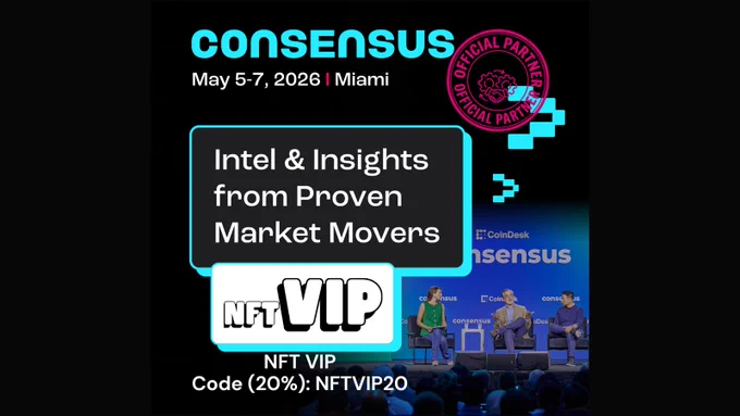 We're thrilled to share that we've partnered w/ @Consensus2026! From high-level panels to elite networking, the action happens in Miami. Join us in South Beach w/ 20,000 of the industry's top decision-makers. Save 20% with the code NFTVIP20 https://go.coindesk.com/3NVbV4g