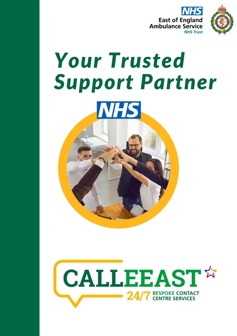 Group of colleagues joining hands in a teamwork gesture inside an office, representing NHS East of England support partnership.