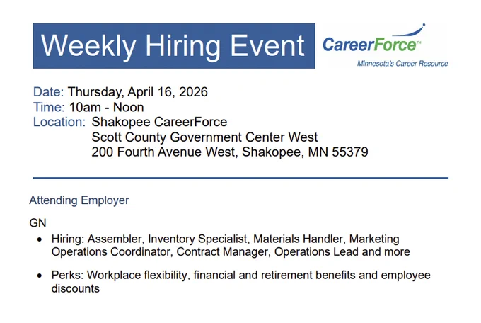 A graphic that depicts the text as written with this additional information: GN hiring: Assembler, Inventory Specialist, Materials Handler, Marketing Operations Coordinator, Contract Manager, Operations Lead, and more. Offers workplace flexibility, financial and retirement benefits, and employee discounts.