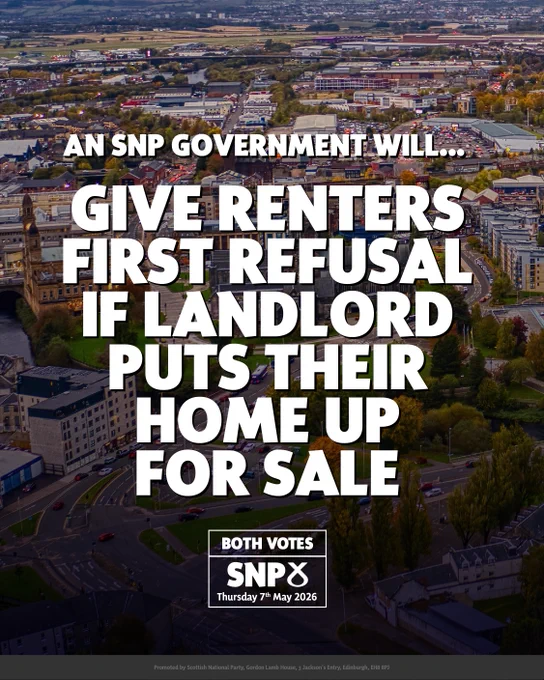 Aerial view of a residential area with text about SNP giving renters first refusal if landlords sell homes.